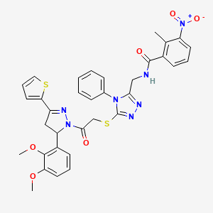 molecular formula C34H31N7O6S2 B2369115 N-[[5-[2-[3-(2,3-dimethoxyphenyl)-5-thiophen-2-yl-3,4-dihydropyrazol-2-yl]-2-oxoethyl]sulfanyl-4-phenyl-1,2,4-triazol-3-yl]methyl]-2-methyl-3-nitrobenzamide CAS No. 362504-94-7