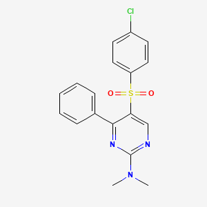 molecular formula C18H16ClN3O2S B2369179 N-{5-[(4-chlorophenyl)sulfonyl]-4-phenyl-2-pyrimidinyl}-N,N-dimethylamine CAS No. 339108-34-8