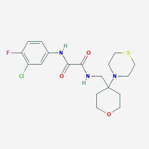 molecular formula C18H23ClFN3O3S B2369226 N'-(3-Chloro-4-fluorophenyl)-N-[(4-thiomorpholin-4-yloxan-4-yl)methyl]oxamide CAS No. 2415469-96-2