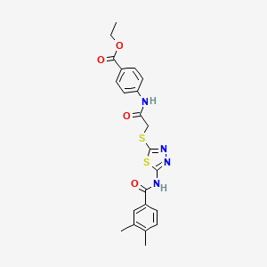 molecular formula C22H22N4O4S2 B2369276 4-(2-((5-(3,4-二甲基苯甲酰胺)-1,3,4-噻二唑-2-基)硫代)乙酰氨基)苯甲酸乙酯 CAS No. 392293-30-0
