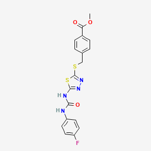 molecular formula C18H15FN4O3S2 B2369278 Methyl 4-(((5-(3-(4-fluorophenyl)ureido)-1,3,4-thiadiazol-2-yl)thio)methyl)benzoate CAS No. 922590-89-4