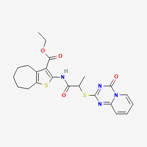 molecular formula C22H24N4O4S2 B2369292 2-(2-((4-氧代-4H-吡啶并[1,2-a][1,3,5]三嗪-2-基)硫代)丙酰氨基)-5,6,7,8-四氢-4H-环庚并[b]噻吩-3-甲酸乙酯 CAS No. 896329-43-4