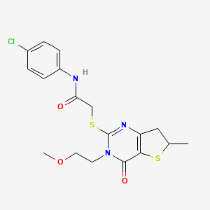molecular formula C18H20ClN3O3S2 B2369320 N-(4-氯苯基)-2-((3-(2-甲氧基乙基)-6-甲基-4-氧代-3,4,6,7-四氢噻吩[3,2-d]嘧啶-2-基)硫代)乙酰胺 CAS No. 851410-27-0