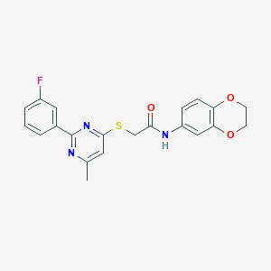 molecular formula C21H18FN3O3S B2369325 N-(2,3-dihydro-1,4-benzodioxin-6-yl)-2-{[2-(3-fluorophenyl)-6-methylpyrimidin-4-yl]sulfanyl}acetamide CAS No. 1260919-87-6
