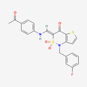 molecular formula C22H17FN2O4S2 B2369347 (3Z)-3-{[(4-acetylphenyl)amino]methylene}-1-(3-fluorobenzyl)-1H-thieno[3,2-c][1,2]thiazin-4(3H)-one 2,2-dioxide CAS No. 894655-54-0
