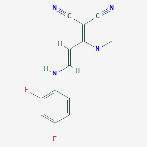 molecular formula C14H12F2N4 B2369422 2-[3-(2,4-二氟苯胺基)-1-(二甲氨基)-2-丙烯亚基]丙二腈 CAS No. 1164476-37-2