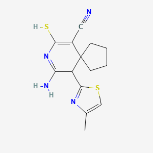 molecular formula C14H16N4S2 B2369473 9-Imino-10-(4-methyl-1,3-thiazol-2-yl)-7-sulfanyl-8-azaspiro[4.5]dec-6-ene-6-carbonitrile CAS No. 852400-05-6