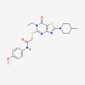 molecular formula C22H27N5O3S2 B2369570 2-{[6-乙基-2-(4-甲基哌啶基)-7-氧代-6,7-二氢[1,3]噻唑并[4,5-d]嘧啶-5-基]硫代}-N~1~-(4-甲氧基苯基)乙酰胺 CAS No. 1207043-31-9