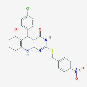 molecular formula C24H19ClN4O4S B2369576 5-(4-chlorophenyl)-2-((4-nitrobenzyl)thio)-7,8,9,10-tetrahydropyrimido[4,5-b]quinoline-4,6(3H,5H)-dione CAS No. 537043-40-6