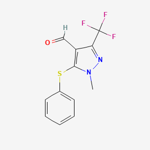 molecular formula C12H9F3N2OS B2369587 1-Methyl-5-(phenylsulfanyl)-3-(trifluoromethyl)-1H-pyrazole-4-carbaldehyde CAS No. 321533-77-1
