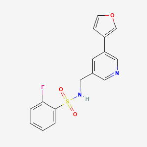 molecular formula C16H13FN2O3S B2369595 2-fluoro-N-((5-(furan-3-yl)pyridin-3-yl)methyl)benzenesulfonamide CAS No. 2034236-32-1
