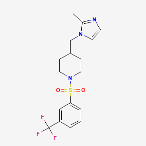 molecular formula C17H20F3N3O2S B2369628 4-((2-甲基-1H-咪唑-1-基)甲基)-1-((3-(三氟甲基)苯基)磺酰)哌啶 CAS No. 1396873-34-9