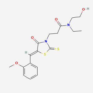 molecular formula C18H22N2O4S2 B2369665 N-ethyl-N-(2-hydroxyethyl)-3-[(5Z)-5-[(2-methoxyphenyl)methylidene]-4-oxo-2-sulfanylidene-1,3-thiazolidin-3-yl]propanamide CAS No. 681480-88-6