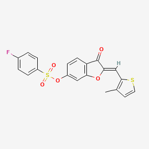 molecular formula C20H13FO5S2 B2369748 (Z)-2-((3-methylthiophen-2-yl)methylene)-3-oxo-2,3-dihydrobenzofuran-6-yl 4-fluorobenzenesulfonate CAS No. 929472-66-2