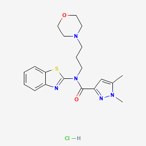 molecular formula C20H26ClN5O2S B2369755 N-(benzo[d]thiazol-2-yl)-1,5-dimethyl-N-(3-morpholinopropyl)-1H-pyrazole-3-carboxamide hydrochloride CAS No. 1215654-81-1