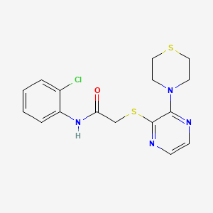 molecular formula C16H17ClN4OS2 B2369795 N-(2-氯苯基)-2-((3-硫吗啉并吡嗪-2-基)硫代)乙酰胺 CAS No. 1226451-23-5