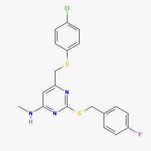 molecular formula C19H17ClFN3S2 B2369811 N-{6-{[(4-chlorophenyl)sulfanyl]methyl}-2-[(4-fluorobenzyl)sulfanyl]-4-pyrimidinyl}-N-methylamine CAS No. 341965-49-9