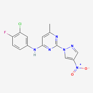 molecular formula C14H10ClFN6O2 B2369820 N-(3-chloro-4-fluorophenyl)-6-methyl-2-(4-nitro-1H-pyrazol-1-yl)pyrimidin-4-amine CAS No. 1002044-04-3