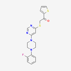 molecular formula C20H19FN4OS2 B2369844 2-((6-(4-(2-Fluorophenyl)piperazin-1-yl)pyrimidin-4-yl)thio)-1-(thiophen-2-yl)ethanone CAS No. 1171377-21-1