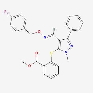 molecular formula C26H22FN3O3S B2369888 methyl 2-{[4-({[(4-fluorobenzyl)oxy]imino}methyl)-1-methyl-3-phenyl-1H-pyrazol-5-yl]sulfanyl}benzenecarboxylate CAS No. 321998-49-6