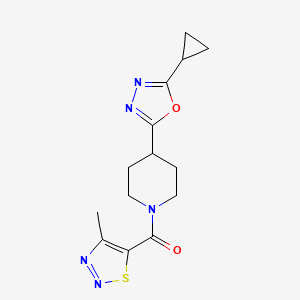 molecular formula C14H17N5O2S B2369889 (4-(5-Cyclopropyl-1,3,4-oxadiazol-2-yl)piperidin-1-yl)(4-methyl-1,2,3-thiadiazol-5-yl)methanone CAS No. 1211134-19-8