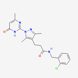 molecular formula C20H22ClN5O2 B2370038 N-(2-氯苄基)-3-(3,5-二甲基-1-(4-甲基-6-氧代-1,6-二氢嘧啶-2-基)-1H-吡唑-4-基)丙酰胺 CAS No. 1171624-33-1