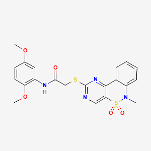 molecular formula C21H20N4O5S2 B2370084 N-(2,5-dimethoxyphenyl)-2-((6-methyl-5,5-dioxido-6H-benzo[c]pyrimido[4,5-e][1,2]thiazin-2-yl)thio)acetamide CAS No. 895102-75-7