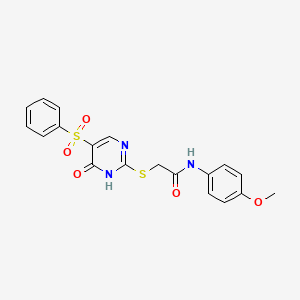 molecular formula C19H17N3O5S2 B2370351 2-[[5-(benzenesulfonyl)-6-oxo-1H-pyrimidin-2-yl]sulfanyl]-N-(4-methoxyphenyl)acetamide CAS No. 866812-44-4