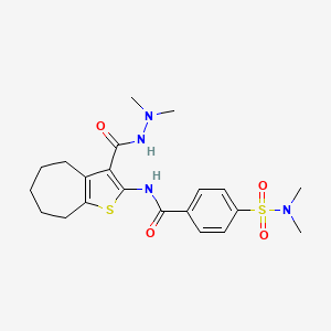 molecular formula C21H28N4O4S2 B2370360 N-(3-(2,2-二甲基肼羰基)-5,6,7,8-四氢-4H-环庚并[b]噻吩-2-基)-4-(N,N-二甲基氨磺酰)苯甲酰胺 CAS No. 893104-74-0