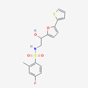 molecular formula C17H16FNO4S2 B2370511 4-Fluoro-N-[2-hydroxy-2-(5-thiophen-2-ylfuran-2-yl)ethyl]-2-methylbenzenesulfonamide CAS No. 2320534-88-9