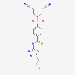 molecular formula C17H18N6O4S2 B2370619 4-[双(2-氰乙基)氨磺酰基]-N-[5-(甲硫基甲基)-1,3,4-恶二唑-2-基]苯甲酰胺 CAS No. 850936-38-8
