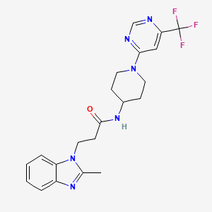 molecular formula C21H23F3N6O B2370655 3-(2-甲基-1H-苯并[d]咪唑-1-基)-N-(1-(6-(三氟甲基)嘧啶-4-基)哌啶-4-基)丙酰胺 CAS No. 2034405-47-3