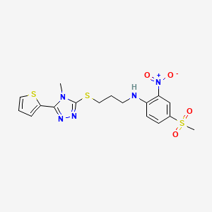molecular formula C17H19N5O4S3 B2370666 4-(methylsulfonyl)-N-(3-{[4-methyl-5-(thiophen-2-yl)-4H-1,2,4-triazol-3-yl]sulfanyl}propyl)-2-nitroaniline CAS No. 923140-13-0