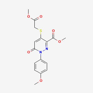 molecular formula C16H16N2O6S B2370681 Methyl 4-[(2-methoxy-2-oxoethyl)sulfanyl]-1-(4-methoxyphenyl)-6-oxo-1,6-dihydro-3-pyridazinecarboxylate CAS No. 338396-09-1