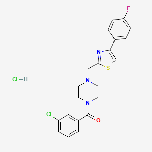 molecular formula C21H20Cl2FN3OS B2370708 (3-氯苯基)(4-((4-(4-氟苯基)噻唑-2-基)甲基)哌嗪-1-基)甲酮盐酸盐 CAS No. 1215557-46-2