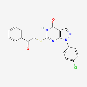 molecular formula C19H13ClN4O2S B2370779 1-(4-chlorophenyl)-6-((2-oxo-2-phenylethyl)thio)-1H-pyrazolo[3,4-d]pyrimidin-4(5H)-one CAS No. 851123-39-2