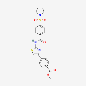 molecular formula C22H21N3O5S2 B2371072 Methyl 4-[2-[(4-pyrrolidin-1-ylsulfonylbenzoyl)amino]-1,3-thiazol-4-yl]benzoate CAS No. 361173-92-4