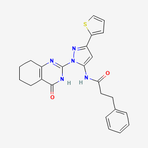 molecular formula C24H23N5O2S B2371125 N-(1-(4-氧代-3,4,5,6,7,8-六氢喹唑啉-2-基)-3-(噻吩-2-基)-1H-吡唑-5-基)-3-苯基丙酰胺 CAS No. 1207028-47-4