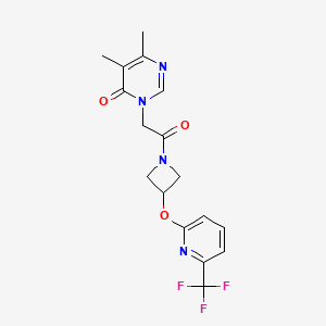 molecular formula C17H17F3N4O3 B2371172 5,6-dimethyl-3-(2-oxo-2-(3-((6-(trifluoromethyl)pyridin-2-yl)oxy)azetidin-1-yl)ethyl)pyrimidin-4(3H)-one CAS No. 2034400-30-9