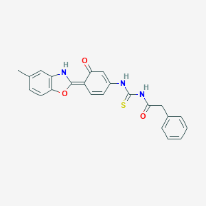 molecular formula C23H19N3O3S B237121 N-[[(4E)-4-(5-methyl-3H-1,3-benzoxazol-2-ylidene)-3-oxocyclohexa-1,5-dien-1-yl]carbamothioyl]-2-phenylacetamide 