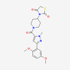molecular formula C21H24N4O5S B2371260 3-(1-(3-(2,5-二甲氧基苯基)-1-甲基-1H-吡唑-5-羰基)哌啶-4-基)噻唑烷-2,4-二酮 CAS No. 1795481-66-1