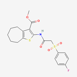 molecular formula C19H20FNO5S2 B2371274 methyl 2-(2-((4-fluorophenyl)sulfonyl)acetamido)-5,6,7,8-tetrahydro-4H-cyclohepta[b]thiophene-3-carboxylate CAS No. 895476-82-1