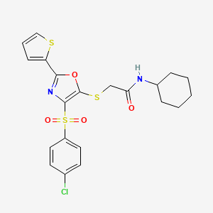 molecular formula C21H21ClN2O4S3 B2371305 2-((4-((4-chlorophenyl)sulfonyl)-2-(thiophen-2-yl)oxazol-5-yl)thio)-N-cyclohexylacetamide CAS No. 850928-05-1
