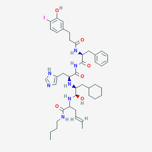 molecular formula C43H60IN7O6 B237132 (E)-N-butyl-2-[[(1R,2S)-3-cyclohexyl-1-hydroxy-2-[[(2S)-1-[[(2S)-2-[3-(3-hydroxy-4-iodophenyl)propanoylamino]-3-phenylpropanoyl]amino]-3-(1H-imidazol-5-yl)-1-oxopropan-2-yl]amino]propyl]amino]hex-4-enamide CAS No. 130507-23-2