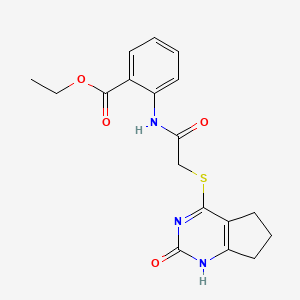 molecular formula C18H19N3O4S B2371438 Ethyl 2-[[2-[(2-oxo-1,5,6,7-tetrahydrocyclopenta[d]pyrimidin-4-yl)sulfanyl]acetyl]amino]benzoate CAS No. 946324-09-0