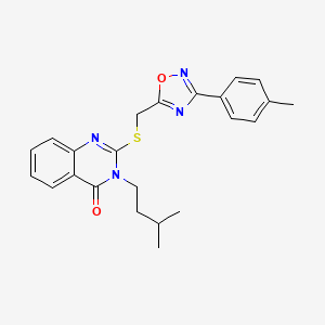 molecular formula C23H24N4O2S B2371473 3-isopentyl-2-(((3-(p-tolyl)-1,2,4-oxadiazol-5-yl)methyl)thio)quinazolin-4(3H)-one CAS No. 2034584-00-2