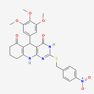 molecular formula C27H26N4O7S B2371565 2-((4-nitrobenzyl)thio)-5-(3,4,5-trimethoxyphenyl)-7,8,9,10-tetrahydropyrimido[4,5-b]quinoline-4,6(3H,5H)-dione CAS No. 537043-55-3