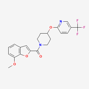 molecular formula C21H19F3N2O4 B2371585 (7-甲氧基苯并呋喃-2-基)(4-((5-(三氟甲基)吡啶-2-基)氧基)哌啶-1-基)甲酮 CAS No. 1421492-38-7