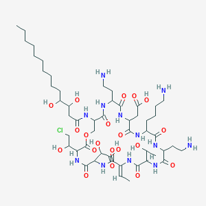molecular formula C51H87ClN12O20 B237168 2-[(9Z)-18-(4-aminobutyl)-15,24-bis(2-aminoethyl)-21-(carboxymethyl)-3-(2-chloro-1-hydroxyethyl)-27-(3,4-dihydroxytetradecanoylamino)-9-ethylidene-12-(1-hydroxyethyl)-2,5,8,11,14,17,20,23,26-nonaoxo-1-oxa-4,7,10,13,16,19,22,25-octazacyclooctacos-6-yl]-2-hydroxyacetic acid CAS No. 139203-13-7