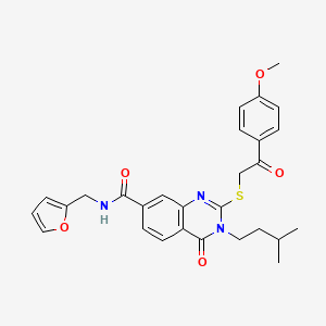 molecular formula C28H29N3O5S B2371700 N-(2-呋喃基甲基)-2-{[2-(4-甲氧基苯基)-2-氧代乙基]硫代}-3-(3-甲基丁基)-4-氧代-3,4-二氢喹唑啉-7-甲酰胺 CAS No. 1113136-61-0